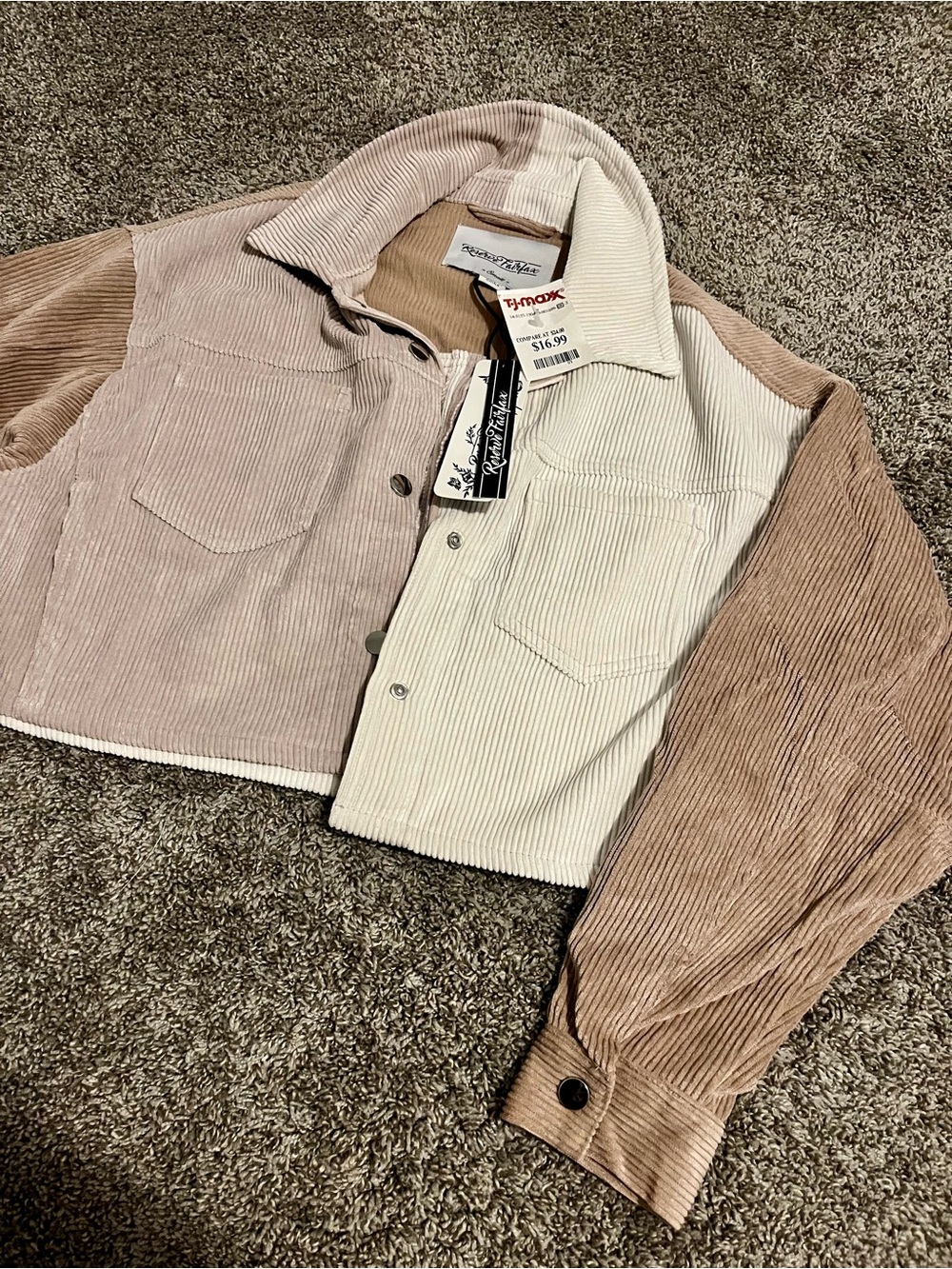 Reserved Two-Tone Corduroy Bomber Jacket in Cream and Light Brown